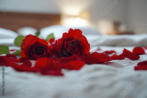 Fototapeta Naklejka Na Ścianę i Meble -  A pair of red roses lying on a bed with petals scattered around