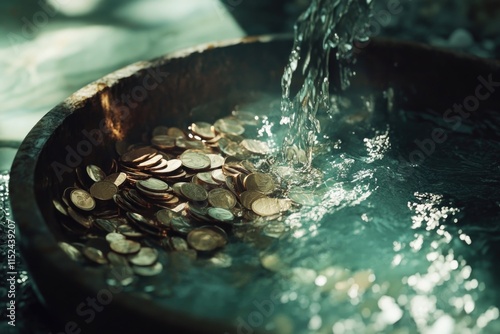 A wooden bowl overflowing with shiny coins, great for financial or commercial uses photo