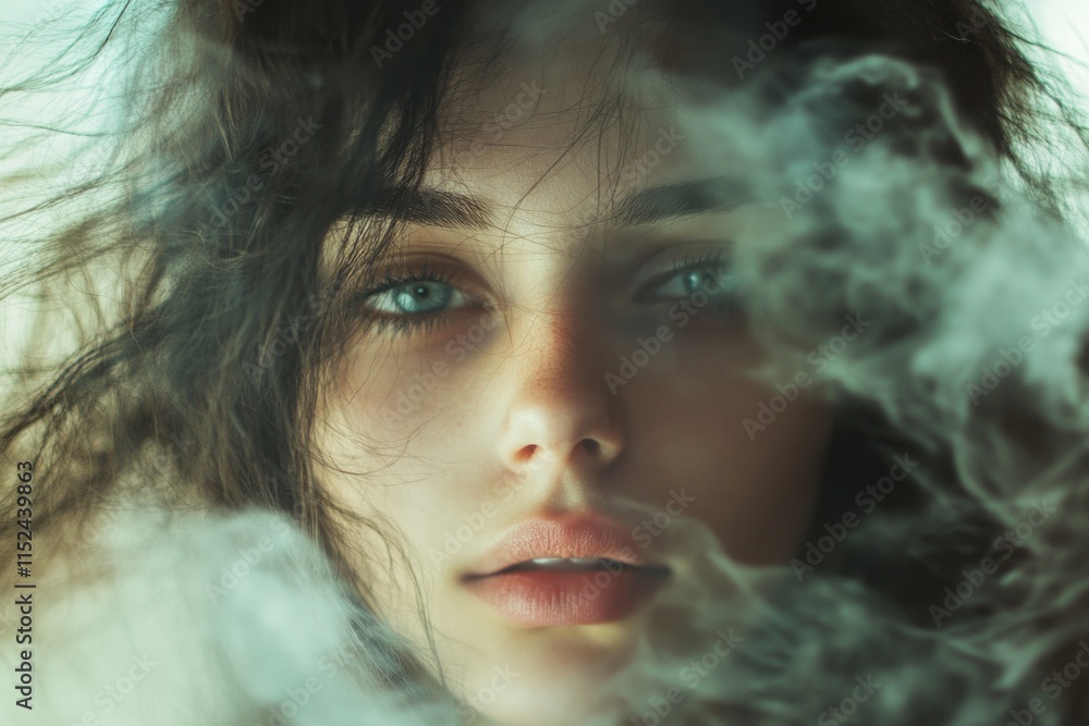 A woman with smoke or fog emanating from her face, possibly indicating a mysterious or supernatural atmosphere A woman with smoke or fog emanating from her face, possibly indicating a mysterious or supernatural atmosphere