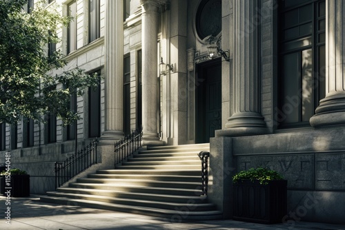 A grand entrance with multiple steps leading up to a large building photo