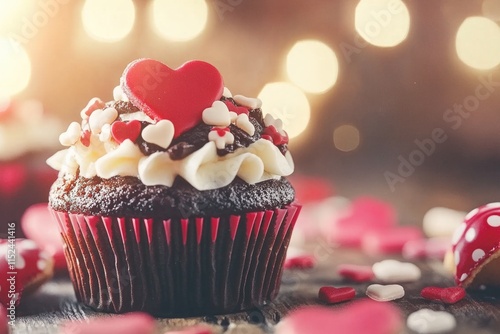 A single serving chocolate cupcake with white frosting and a decorative red heart on top photo