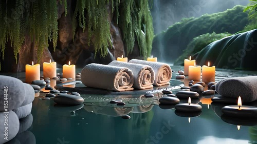 Luxury Spa Scene with Rolled Towels, Candles, Stones, and a Serene Waterfall Surrounded by Greenery

 photo