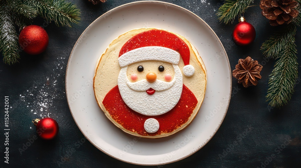 Fototapeta premium Festive Santa pancake on a plate with Christmas decorations.