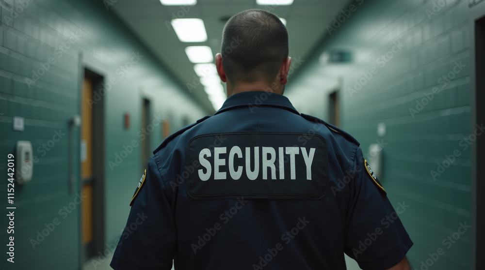 Correctional Officer on Guard in Prison Corridor, Law Enforcement and Imprisonment Correctional Officer on Guard in Prison Corridor, Law Enforcement and Imprisonment