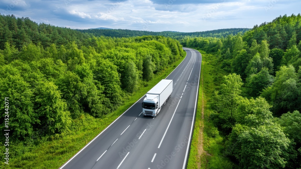Obraz premium Trucker Driving on Scenic Highway Surrounded by Lush Green Forest Under Clear Blue Sky in Summer Season