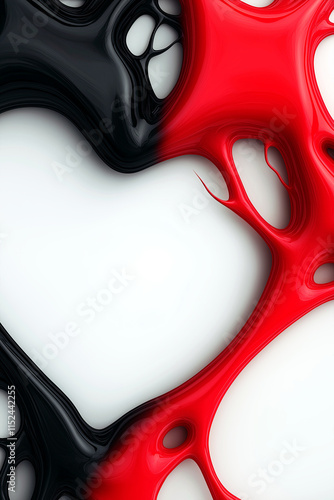 Organic liquid forming abstract hearts like composition. Futuristic red and black fluid frame on white background photo