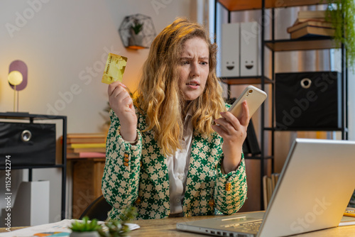 Canvas Print Caucasian angry mad stressed freelancer try to pay online shopping with laptop blocked credit card