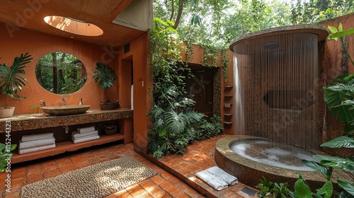 Wallpaper Mural Tropical Rainforest Bathroom Oasis: Indoor Plants, Stone Sink & Rain Shower Torontodigital.ca