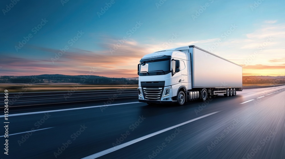 Modern Large Truck Driving on Open Highway at Sunset in Beautiful Scenic Landscape Modern Large Truck Driving on Open Highway at Sunset in Beautiful Scenic Landscape