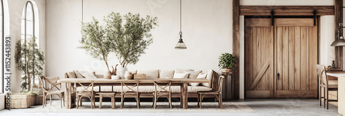 Charming countrystyle room with a wooden sectional sofa armchairs and a wide rectangular dining table set against a fullsize wooden farm door all on a white background for contrast photo