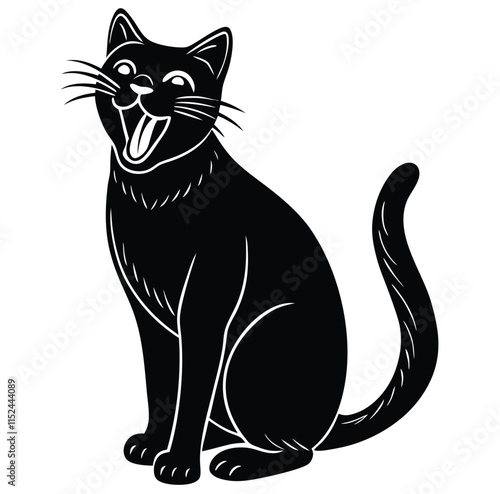 Minimalist Black Silhouette of a Yawning Cat for Design