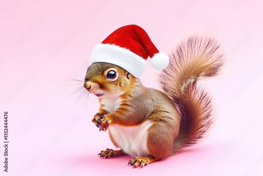 A small squirrel is dressed up as Santa Claus, sitting on a bright pink background A small squirrel is dressed up as Santa Claus, sitting on a bright pink background