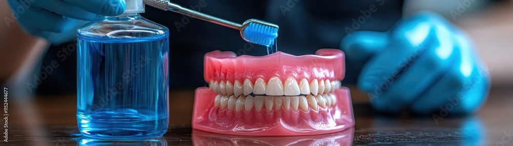 Obraz premium Dental Care with Model Teeth and Toothbrush in a Clinical Setting