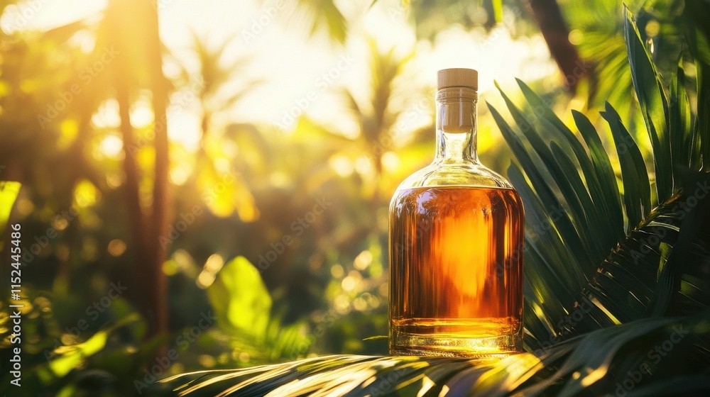 Bottle of amber liquor on lush tropical foliage during sunset Bottle of amber liquor on lush tropical foliage during sunset