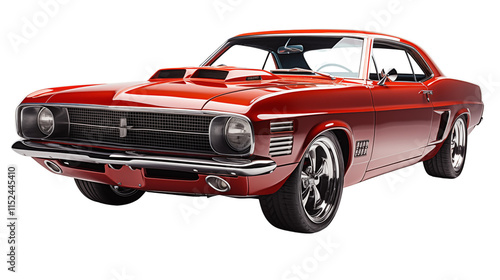 Side profile of a classic muscle car in metallic finish, a timeless symbol of American automotive heritage, studio view, isolated on transparent background.