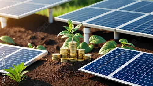 Solar Panels with Growing Plant and Stacked Coins on Soil Highlighting Renewable Energy and Green Investments

 photo