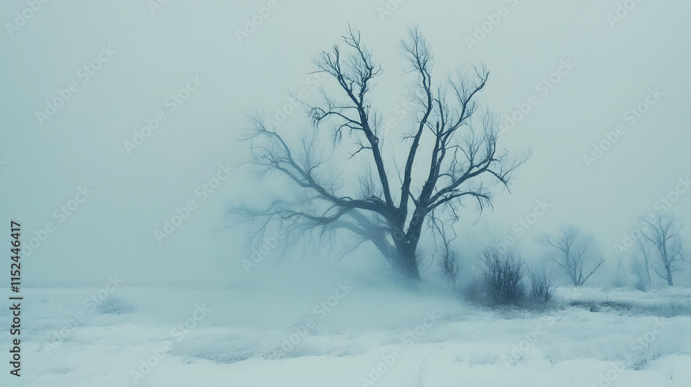 Fototapeta premium A lone, leafless tree stands in a snow-covered field shrouded in thick fog. The scene is serene and slightly mysterious, with a muted color palette of blues and whites.