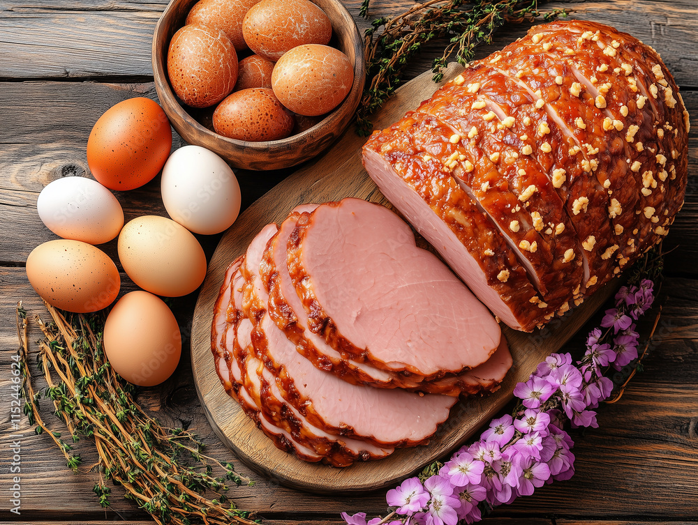 Traditional ham and fresh eggs arranged on a wooden board with garnishing flowers and herbs Traditional ham and fresh eggs arranged on a wooden board with garnishing flowers and herbs