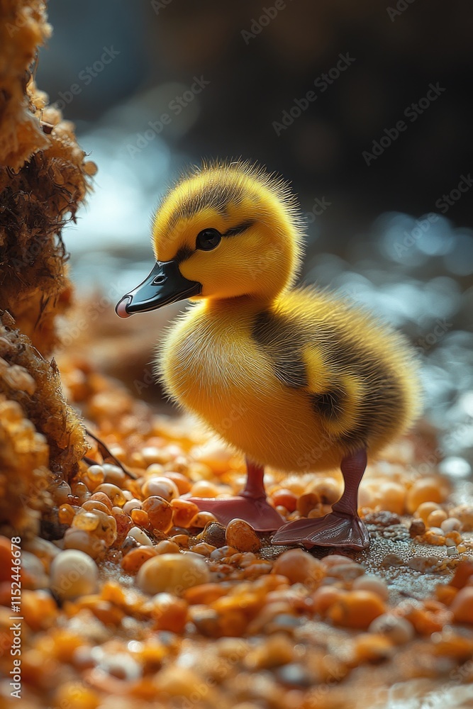 A small duckling stands amidst a pile of corn, ready to explore and forage A small duckling stands amidst a pile of corn, ready to explore and forage