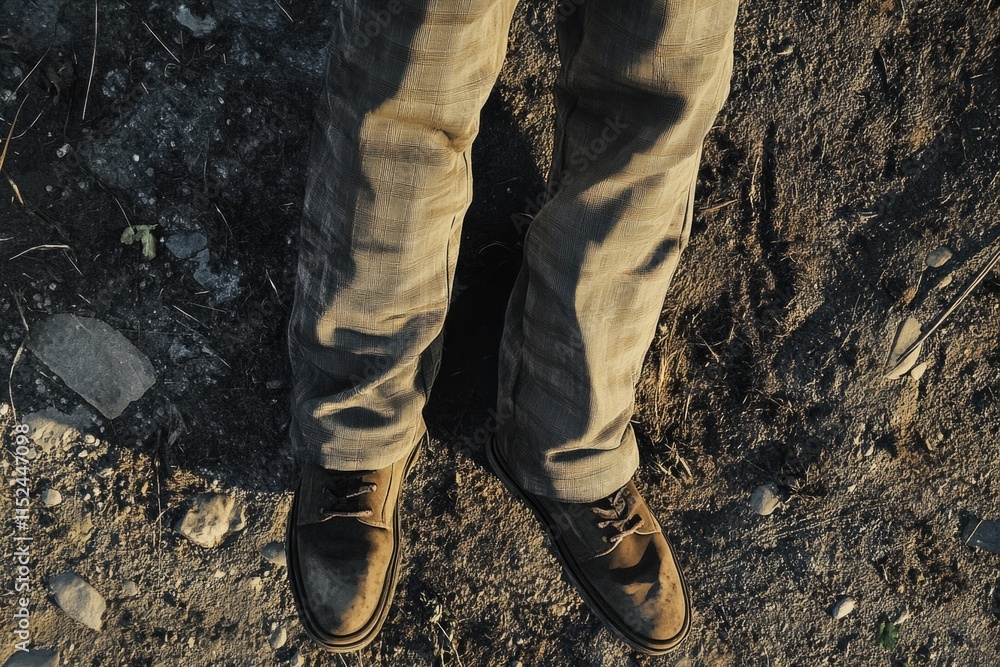 A person standing in the dirt with their shoes on A person standing in the dirt with their shoes on
