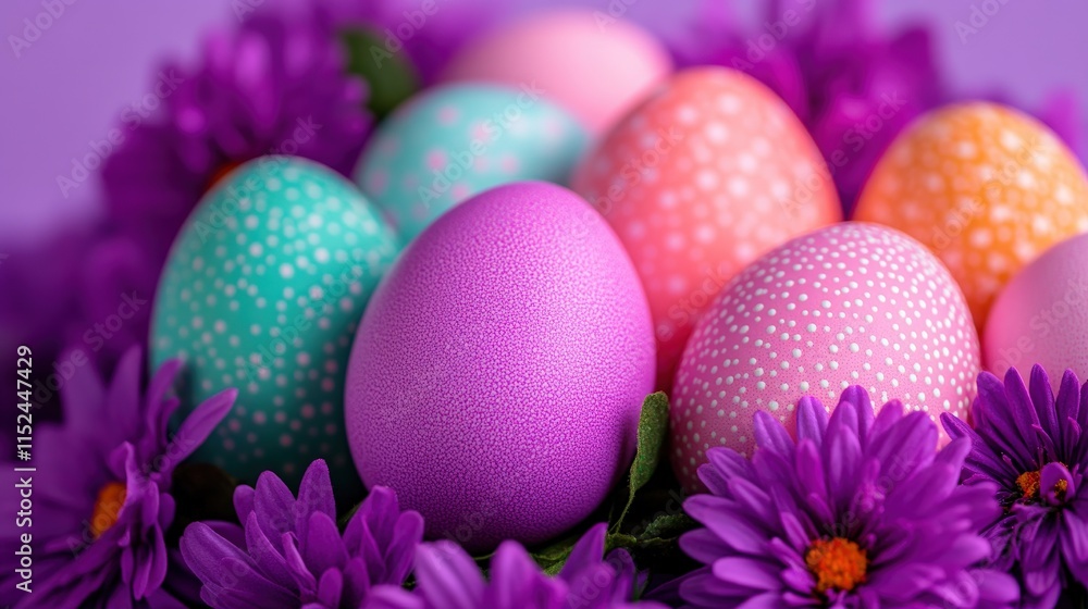 A delightful cluster of pastel Easter eggs surrounded by vibrant purple flowers captures the essence of spring festivities. A delightful cluster of pastel Easter eggs surrounded by vibrant purple flowers captures the essence of spring festivities.