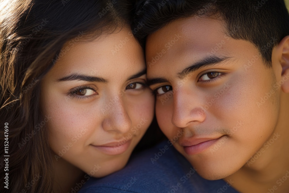 A man and a woman standing together, smiling, in a relaxed pose for a photography session A man and a woman standing together, smiling, in a relaxed pose for a photography session