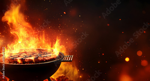 Grilling Meat on a Barbecue with Flames and Smoke in the Background for Summer Cooking Inspiration photo