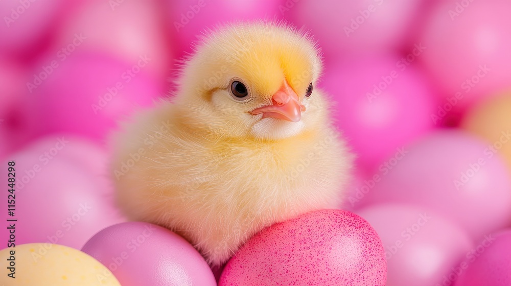 A serene yellow chick resting atop pink eggs, capturing the essence of spring and renewal during Easter. A serene yellow chick resting atop pink eggs, capturing the essence of spring and renewal during Easter.