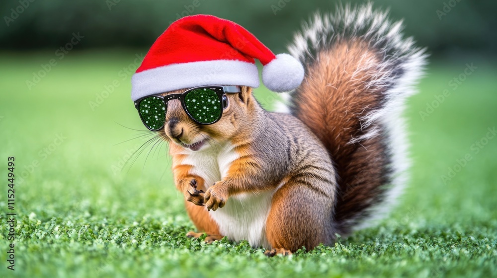 Obraz premium A playful squirrel wears sunglasses and a Santa hat, perfect for winter or holiday season imagery