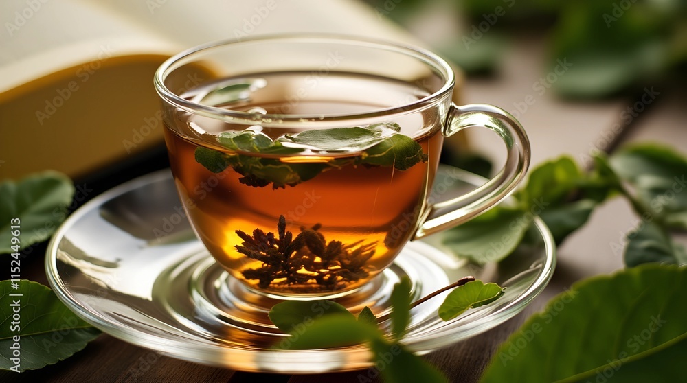 Enjoying a steaming cup of tea beside an open book in a serene garden at sunset Enjoying a steaming cup of tea beside an open book in a serene garden at sunset