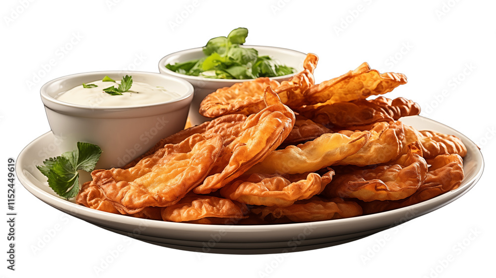 Golden-brown pakoras, a traditional Indian snack, fried to perfection and served on a plate, studio view, isolated on transparent background. Golden-brown pakoras, a traditional Indian snack, fried to perfection and served on a plate, studio view, isolated on transparent background.