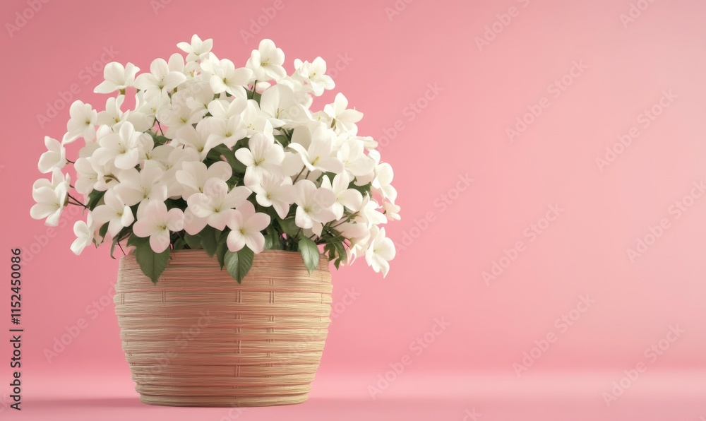 Naklejka premium 3D rendering showing white flowers in a wooden basket on a pink spring background