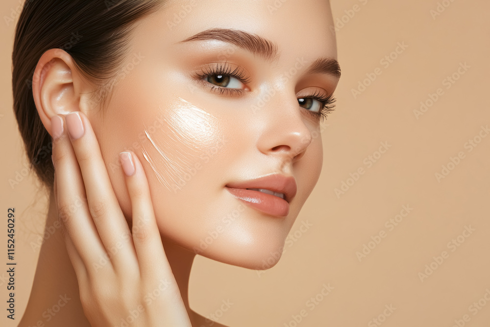 Highlighting beauty and skin care with a stunning woman showcasing flawless skin against a soft beige backdrop Highlighting beauty and skin care with a stunning woman showcasing flawless skin against a soft beige backdrop