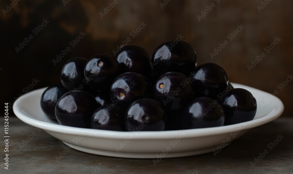 Black round fruits on a white ceramic plate Black round fruits on a white ceramic plate