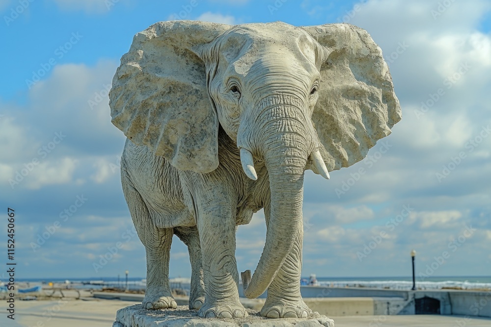 Fototapeta premium A majestic elephant stands atop a rocky outcropping, its trunk and tusks reaching for the sky