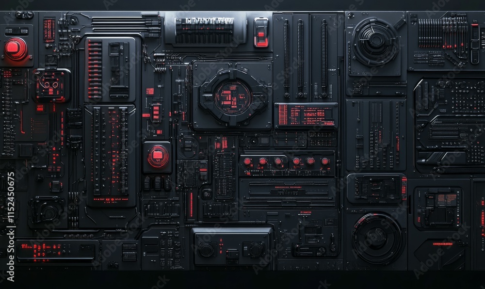 Black, Tech Background with Sci-Fi 3D Panels. Dark, Futuristic style. 3D Render. Black, Tech Background with Sci-Fi 3D Panels. Dark, Futuristic style. 3D Render.