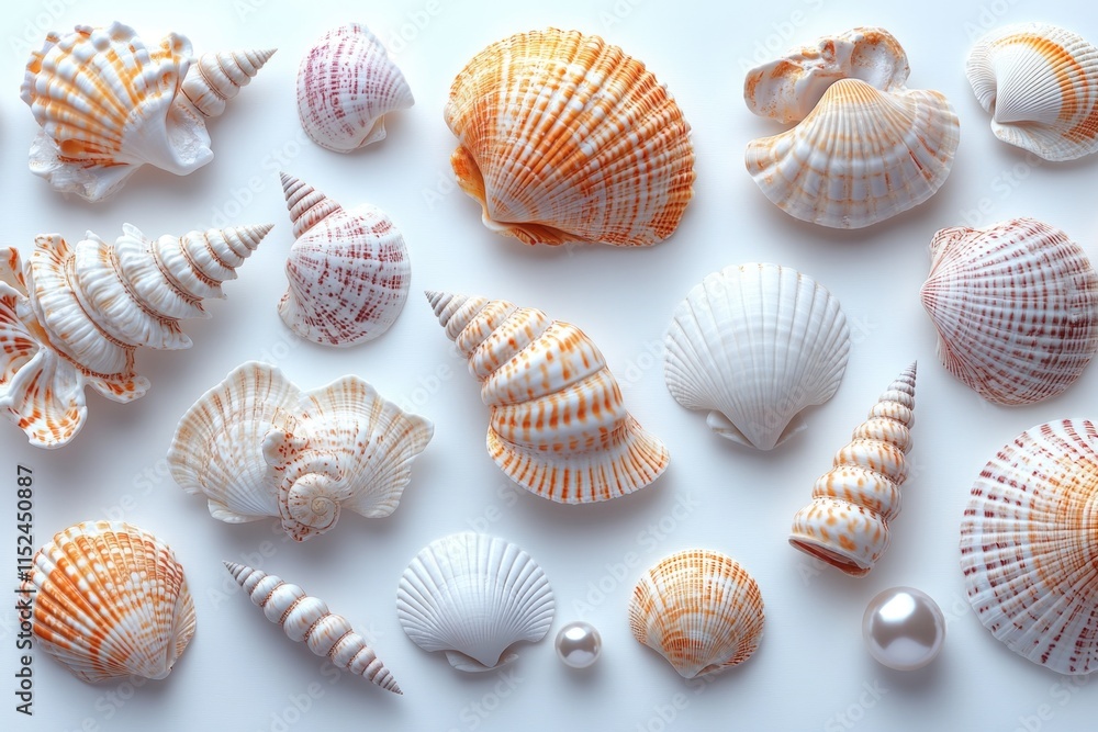 A collection of seashells on a clean white surface A collection of seashells on a clean white surface