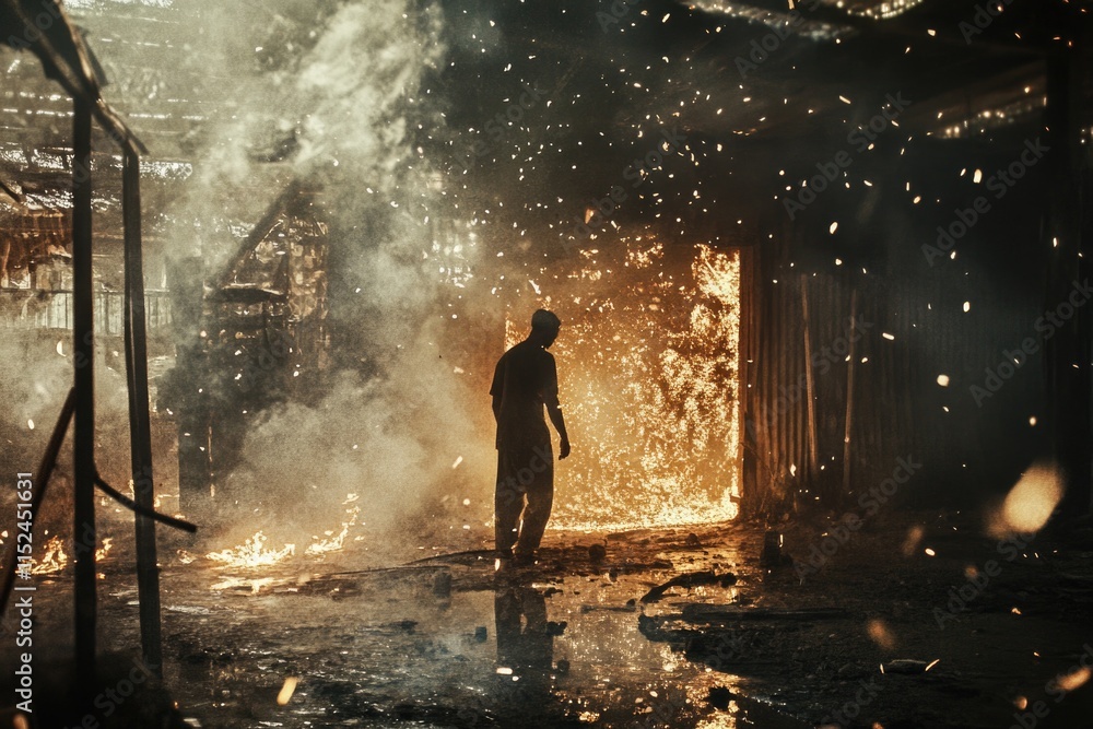 Obraz premium A person standing in a room with a burning fire in the background