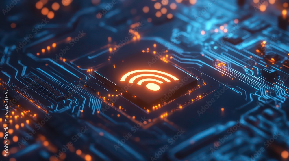 glowing wifi symbol on advanced tech blue circuit board network connection background for technology concept