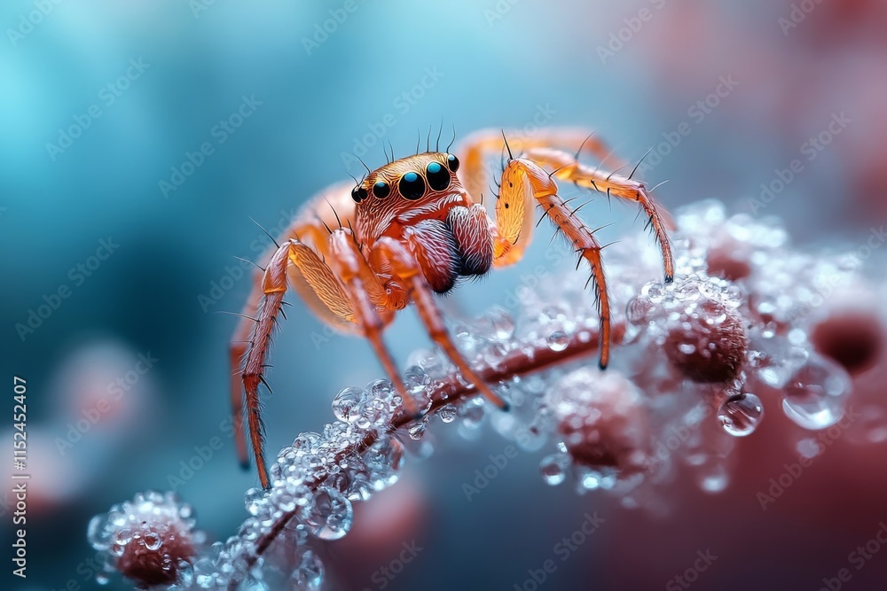 Fototapeta premium Colorful spider rests on a dew-covered plant in a vibrant garden during early morning light