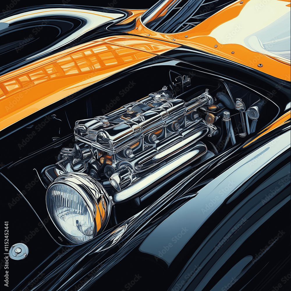 Fototapeta premium Classic car engine with vibrant orange and black design showcasing automotive craftsmanship. Generative AI
