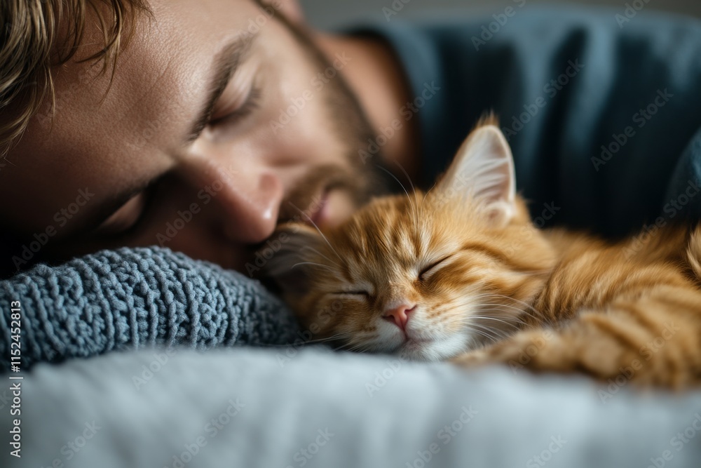 Man peacefully sleeping with an orange cat in cozy bedroom setting during the day Man peacefully sleeping with an orange cat in cozy bedroom setting during the day