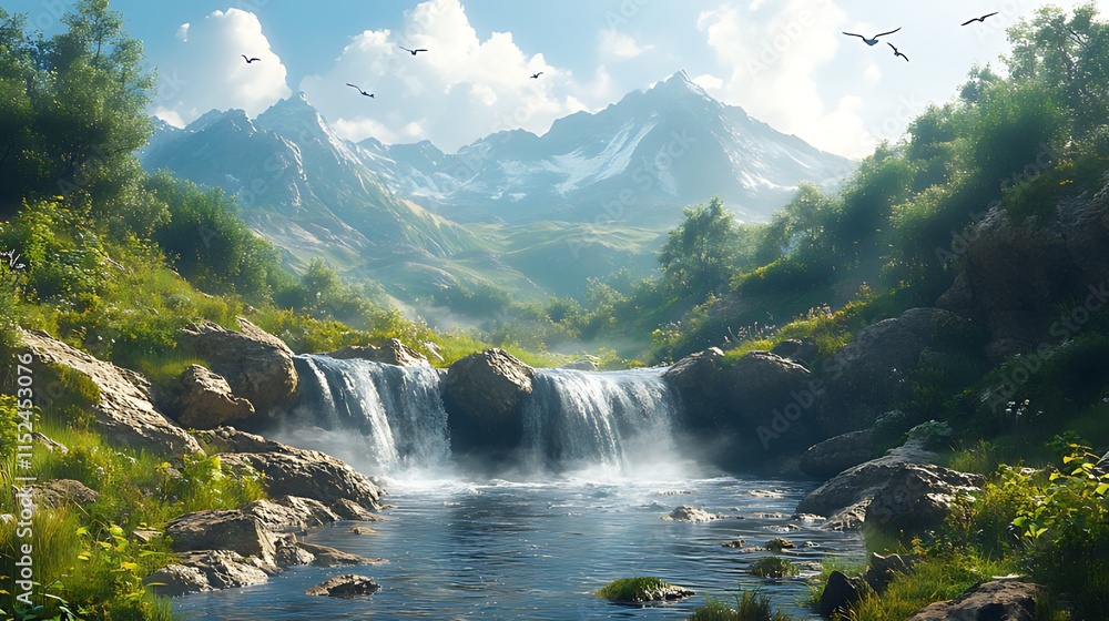 Fototapeta premium Serene mountain waterfall cascading into a calm river, surrounded by lush greenery under a bright, sunny sky.