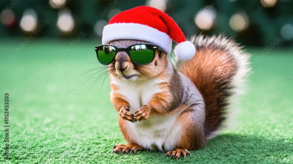 A squirrel dressed up as Santa Claus with sunglasses A squirrel dressed up as Santa Claus with sunglasses