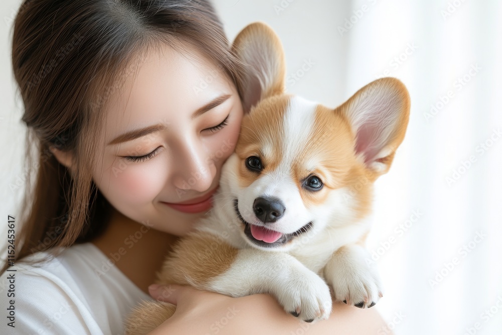 Young woman enjoys a joyful moment with her corgi puppy in a bright indoor setting Young woman enjoys a joyful moment with her corgi puppy in a bright indoor setting