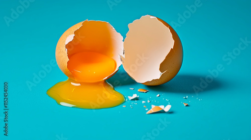 Cracked egg shells spilling golden yolk on vibrant blue background create an artistic display of breakfast potential and culinary creativity photo