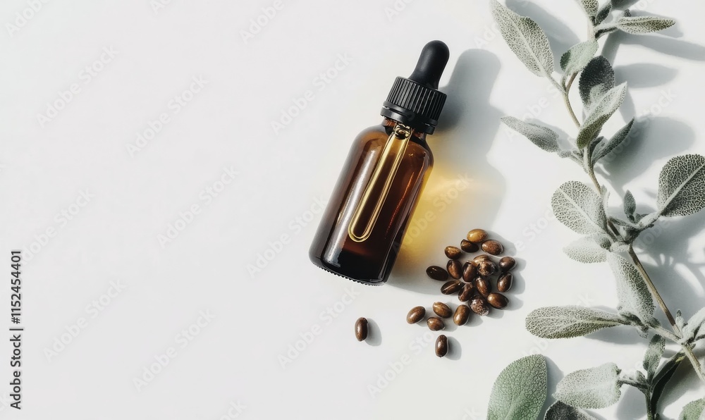 Naklejka premium A close-up image of a bottle of jojoba oil with jojoba seeds placed beside it, isolated on a white background, showcasing the organic and natural qualities of the oil.
