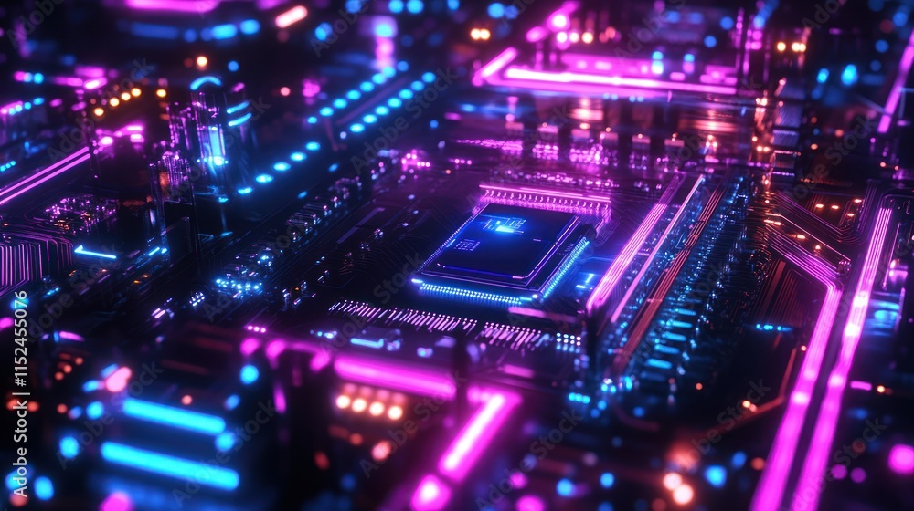 Close-up of a futuristic glowing circuit board with a central processor. Close-up of a futuristic glowing circuit board with a central processor.