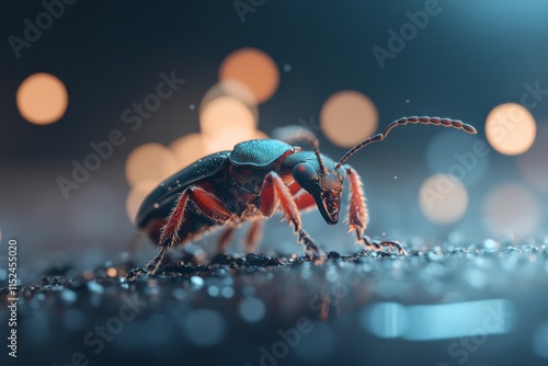 Colorful insect in close-up view showcasing intricate details and a mesmerizing background of soft bokeh lights photo