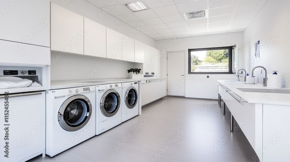 Modern and Bright Laundry Room with Three Washer Units and Minimalist Design in Contemporary Interior Space Modern and Bright Laundry Room with Three Washer Units and Minimalist Design in Contemporary Interior Space